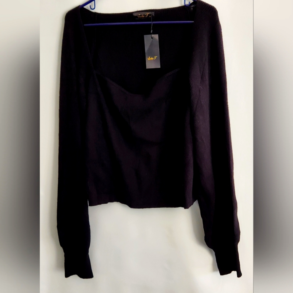 NWT Seta T Women's Black Square Neck Long Sleeve Sweater